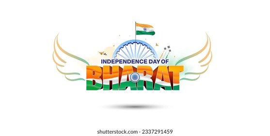 Texto del Día de la Independencia de la India o de Bharat 3d. Concepto creativo de la celebración de la Libertad. Bandera tricolor india y fondo patriótico.