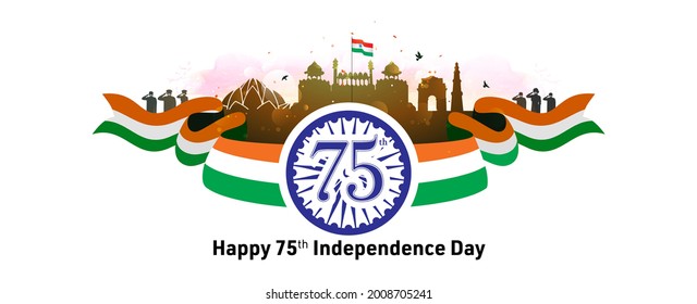 Independence day India celebration. 15th August red fort background with 75 years journey of freedom concept and tricolour Indian flag vector illustration