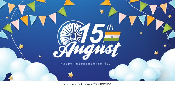 Independence day India celebration banner with star and cloud on the blue sky. 15th of August poster template. 