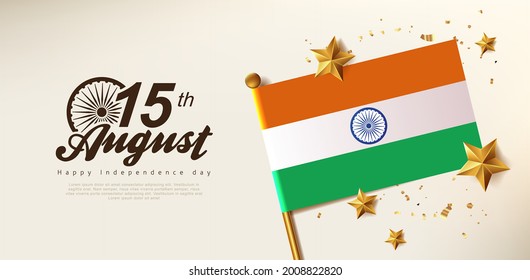 Independence day India celebration banner with Realistic gold star and Flag of India. 15th of August poster template. 