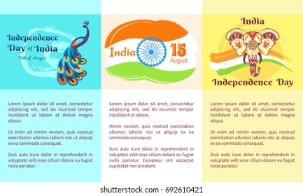 Independence Day of India collection of posters with text. Vector illustration of national flag, peacock on blue and head of elephant on yellow