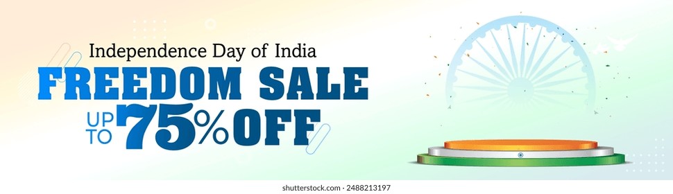 Independence day of India Freedom festival sale 75% off deal discounttext with podium and tricolor background. Promotional web banner header design.