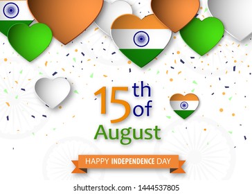 Independence Day of India. Greeting card with paper cut hearts in flag colors. Vector illustration