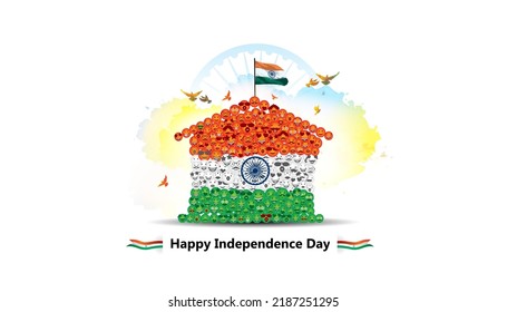 Independence Day India greeting card. Tricolor flag at home and happy smiling face. Indian People Celebrating Independence Day background.