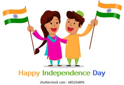 Independence Day in India. Greeting card with funny cartoon characters. Indian man and woman holding flags of India. Vector illustration