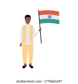 Día de la Independencia de la India. Hombre con bandera de India. Ilustración vectorial en estilo plano