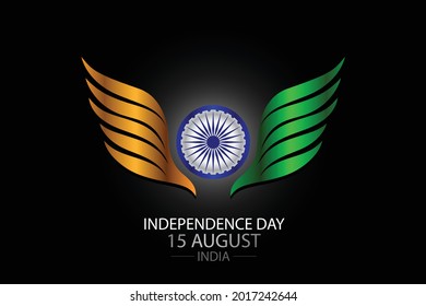 Independence Day of India. National holiday celebrated annually on August 15. Republic Day celebration. Birds wings of the Indian flag orange, green, white color. Isolate view black background. 