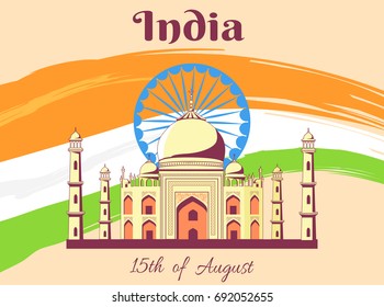 Independence Day of India on 15th of August poster with Taj Mahal on background of wheel and national flag. Vector illustration of marble mausoleum