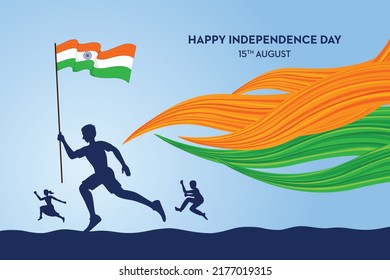 Independence day in India on August 15 kids running with flag