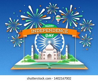 Independence day of India. Open book with Taj Mahal and holiday firework. Cut out paper art style design