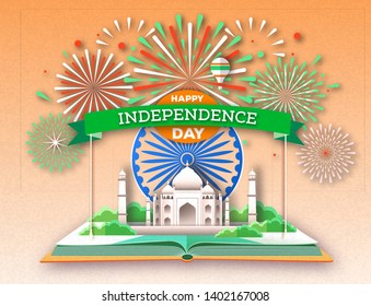 Independence day of India. Open book with Taj Mahal and holiday firework. Cut out paper art style design