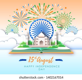 Independence day of India. Open book with Taj Mahal and holiday firework. Cut out paper art style design