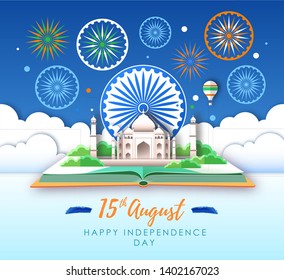 Independence day of India. Open book with Taj Mahal and holiday firework. Cut out paper art style design