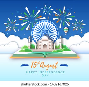 Independence day of India. Open book with Taj Mahal and holiday firework. Cut out paper art style design