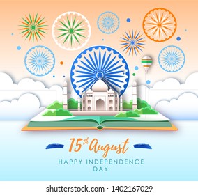 Independence day of India. Open book with Taj Mahal and holiday firework. Cut out paper art style design