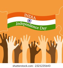 Independence Day of India poster. Aerial banner in the colors of the Indian flag and hands raised up. National Hindu Holiday. Vector illustration.