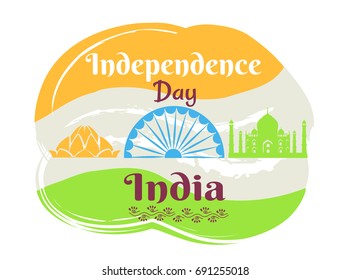 Independence Day in India poster with national flag and famous sights and country symbols silhouettes isolated vector illustrations.