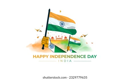 Día de la Independencia de la India. Fuerte Rojo y gente patriótica sosteniendo el fondo de la bandera tricolor. 15 de agosto, concepto de celebración de la libertad.