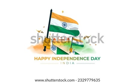 Independence Day of India. Red Fort and Patriotic People holding Tricolor flag background. 15th August, Freedom celebration concept.