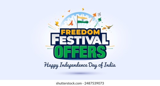 Independence Day of India Verkauf Festival Konzept. Freedom Festival bietet Deal Rabatt-Logo-Einheit mit Tricolor-Flagge.