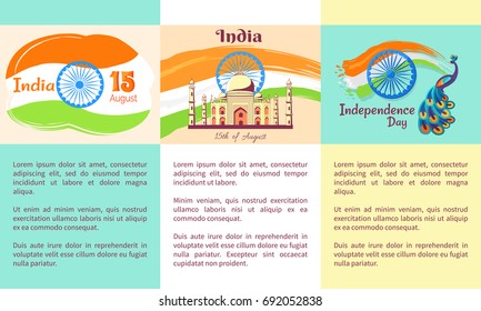 Independence Day of India set of posters. Vector illustration of national flag tricolor with 24-spoke wheel, Taj Mahal and peacock