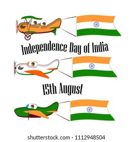 Independence Day of India, set with three planes and national flags on an isolated background