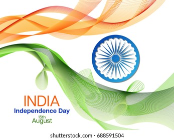 Independence day India vector background to 15th August celebration. Colors of India flag curve lines, stripes - green and orange on white, Ashoka chakra national symbol. Indian Independence card.