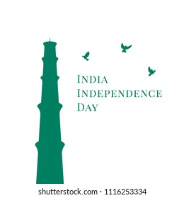Independence Day of india, vector illustration, flat silhouette, peace pigeon, minaret, Qutb-Minar, white, green