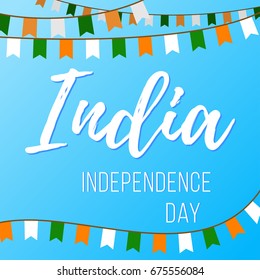Independence Day in India. Vector illustration with inscription and garlands with flags on a blue background