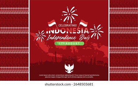 Dia da Independência da Indonésia 80o aniversário 2025 com fundo branco vermelho batik Parang. Marcos da Indonésia, fogos de artifício festivos e mapa. Dirgahayu Indonesia 80, 17 de agosto de 2025