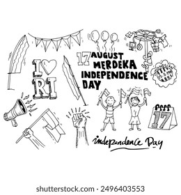  Independence day of Indonesia, doodle set vector
