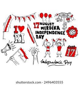  Independence day of Indonesia, doodle set vector