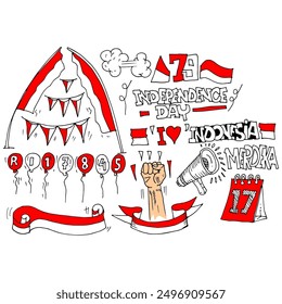  Independence day of Indonesia, doodle set vector