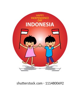 Independence day of Indonesia. Hand drawing boy and girl holding flag