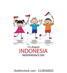 Independence day of Indonesia. Hand drawing boy and girl holding flag