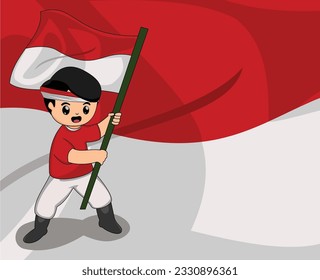 independence day of indonesian. hero kid hold indonesian flag