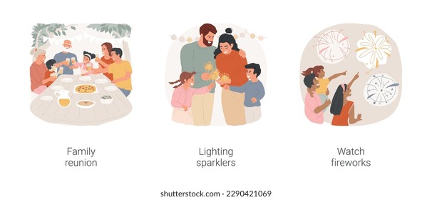 Independence Day isolated cartoon vector illustration set. Family reunion, celebrate together, gathering, diverse people lighting sparklers, watch fireworks, public holiday vector cartoon.