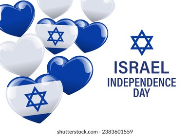 Independence Day Israel. Banner with blue and white balloons hearts, Israeli flags. Illustration, vector