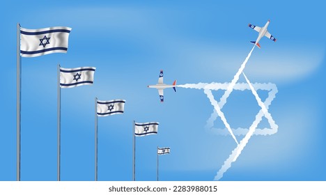 Independence day Israel 
poster happy Israel independence day. 3d flag. Vector illustration design. Star of David form, garland with the flag of Israel fireworks