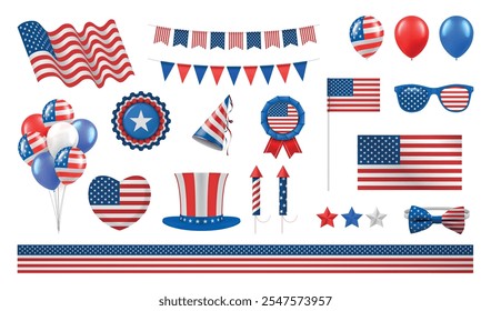 Dia da Independência itens feriado nacional americano 4 de julho definir ilustração vetor realista. Estados Unidos Estados Unidos da América decoração bandeira balão de ar fogos de artifício medalha chapéu laço laço óculos