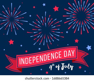 Independence Day July 4th. Holiday card, invitation with hand-held fireworks in the colors of the USA flag. Vector illustration background, web banner. EPS 10.