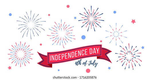 Independence Day July 4th. Holiday card, invitation with hand-held fireworks in the colors of the USA flag. Vector illustration background, web banner. EPS 10.