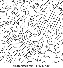 Independence Day July 4th, Veterans Day, Flag, Stars, Fireworks, Rainbow, Clouds. Coloring page. Memorial day fireworks. Vector illustration festive background