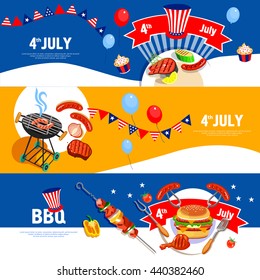 Independence day july fourth celebration bbq party 3 flat colorful horizontal banners set abstract isolated vector illustration