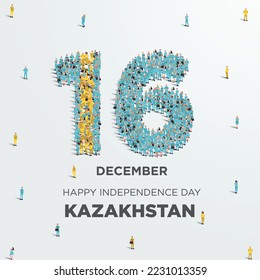 Independence Day of Kazakhstan. A national holiday celebrating gaining independence Kazakhstan December 16. Large group of people in a shape of Kazakhstan Independence Day. Vector holiday illustration