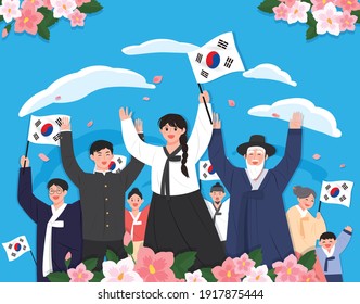 Día de la Independencia en Corea. 1 de marzo. La gente está agitando Taegeukgi y hurray.