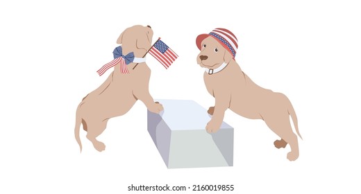 Unabhängigkeitstag. Labradors Kleine Welpen mit einem Eimerhut und mit Bugpatrioten halten die USA. Handgezeichnete Vektorgrafik. Glückwunsch an Familienliebende, Freunde und Kollegen