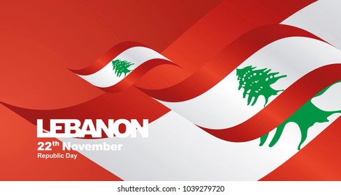 Independence Day Lebanon flag ribbon landscape background greeting card