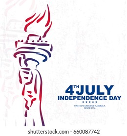 independence day with liberty fire statue sketch and grunge background