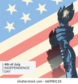 independence day with liberty fire statue sketch and usa flag background, in soft color